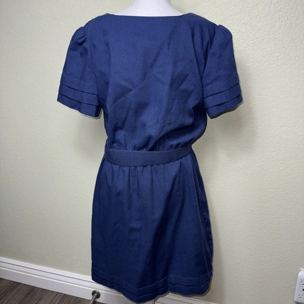 Vintage Sans Age Navy Blue Linen Dress Sz 14 Button Up Belted Cottagecore Mod